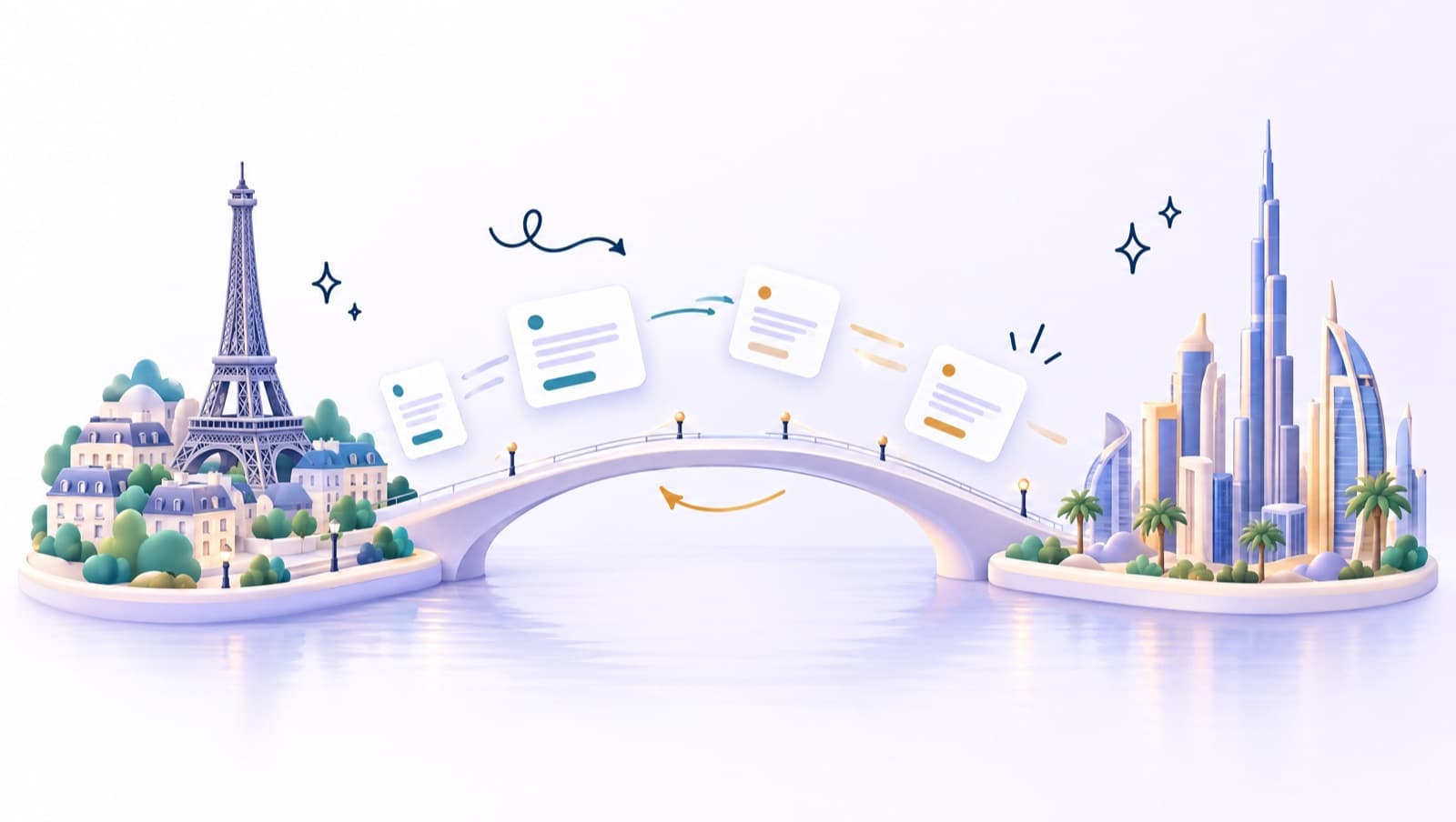 A bridge between the Paris and Dubai skylines with invoices crossing both ways