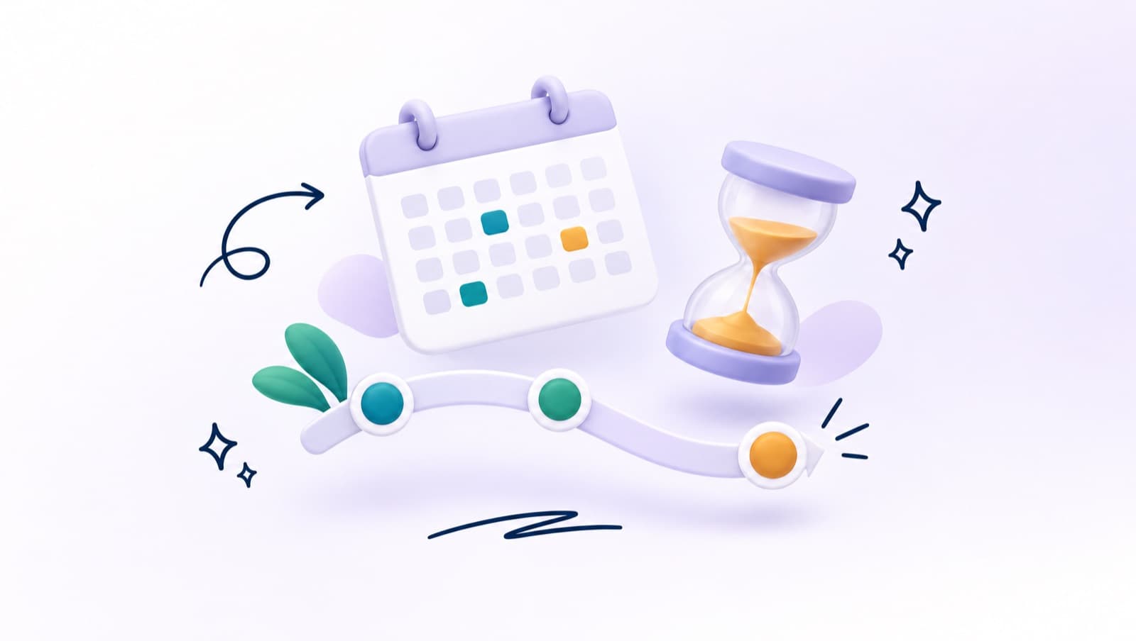 A wall calendar with milestone days linked by a timeline and an hourglass