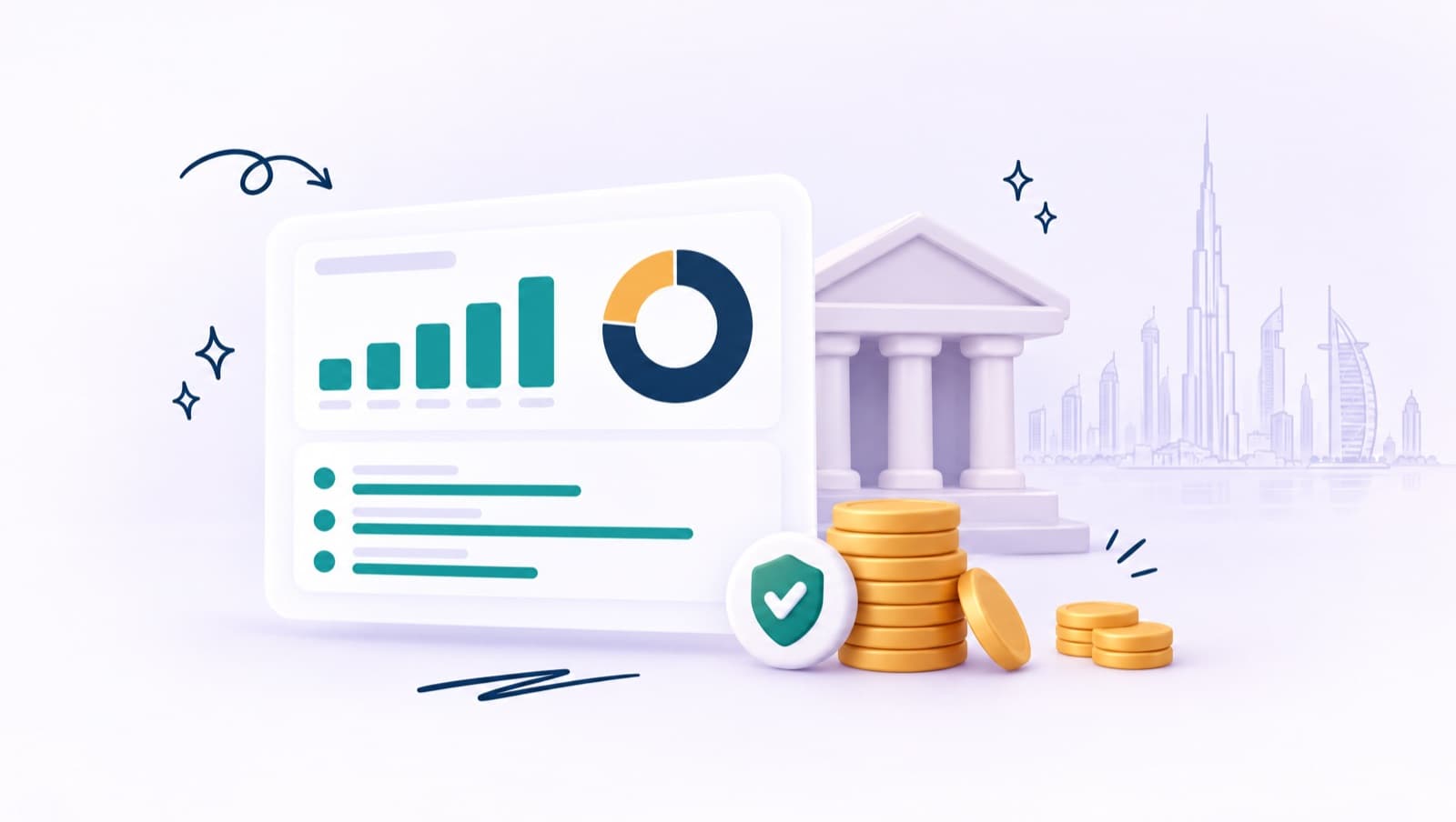 A profit and loss report with charts, a stack of coins with a small share set aside, a government building and the Dubai skyline