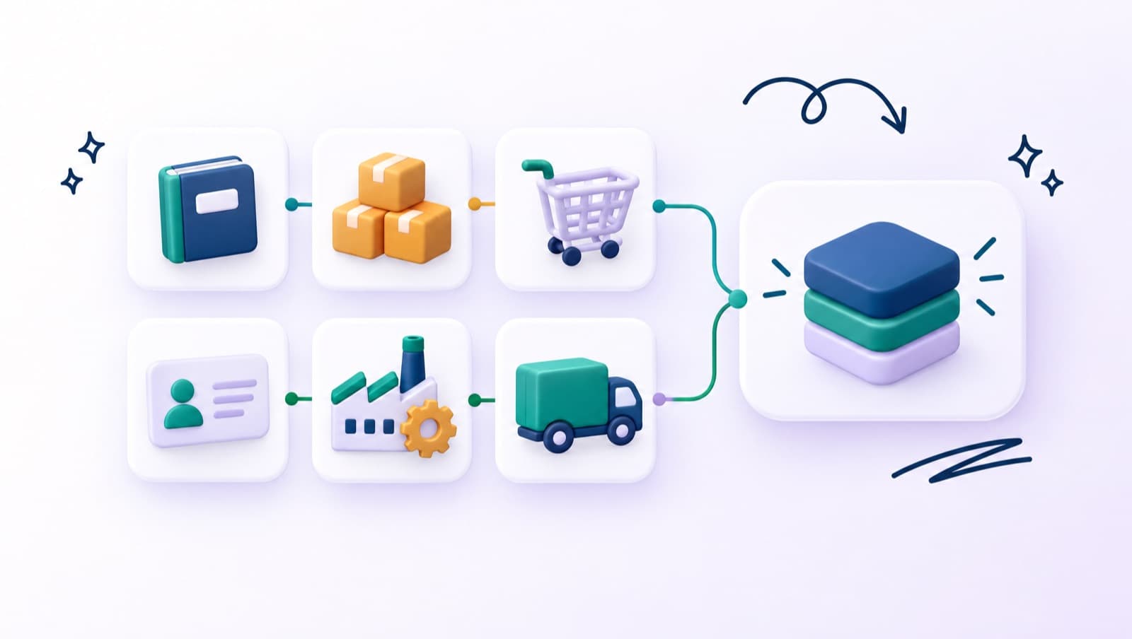 Modular business apps — ledger, inventory, shopping cart, contacts, factory — snapping into one platform