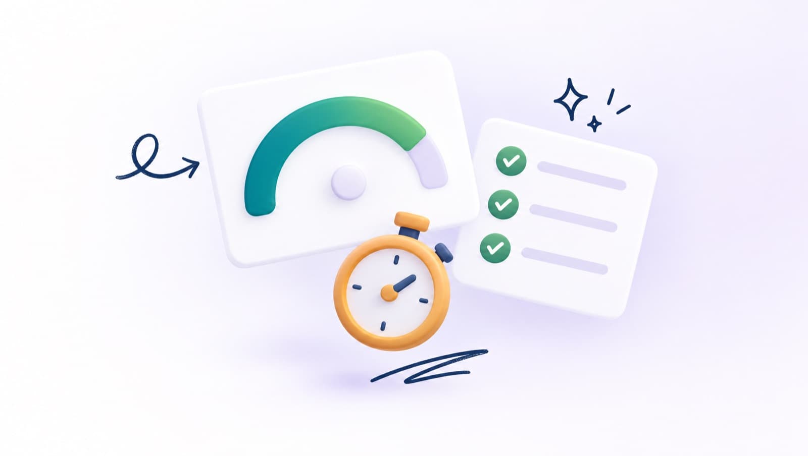 A readiness gauge pointing to green, a ticked checklist and a stopwatch