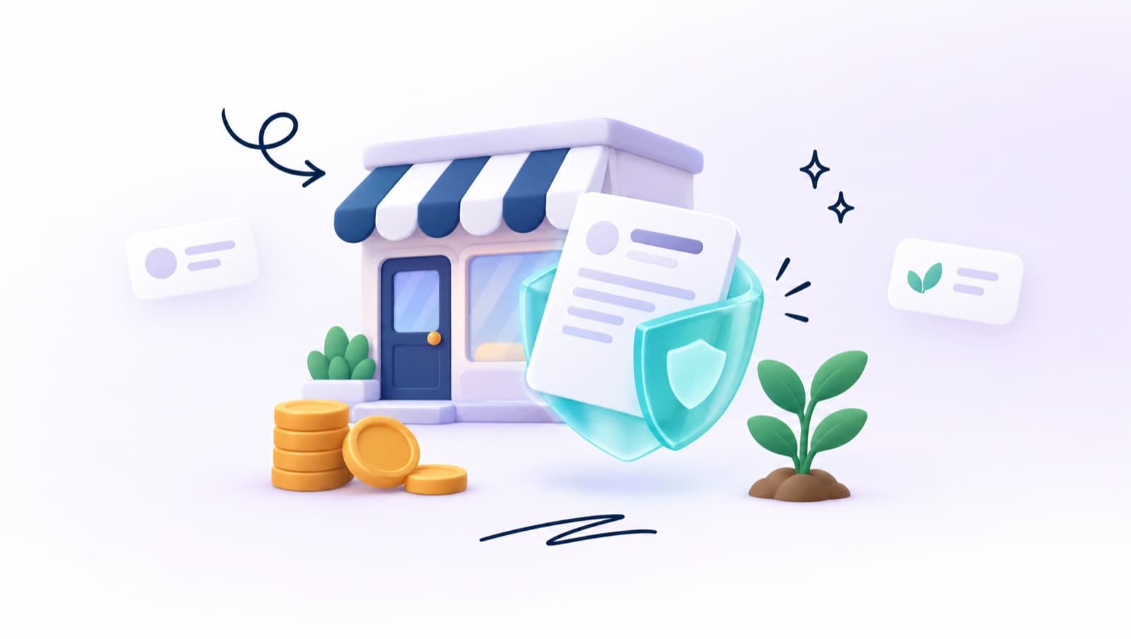 A small shop with a tax document protected by an umbrella