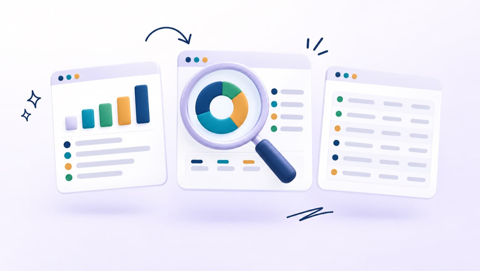 Three laptops showing accounting dashboards compared with a magnifying glass