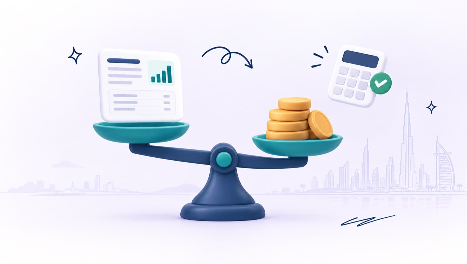 A balance scale weighing financial statements against a stack of coins, with a calculator ticked in green